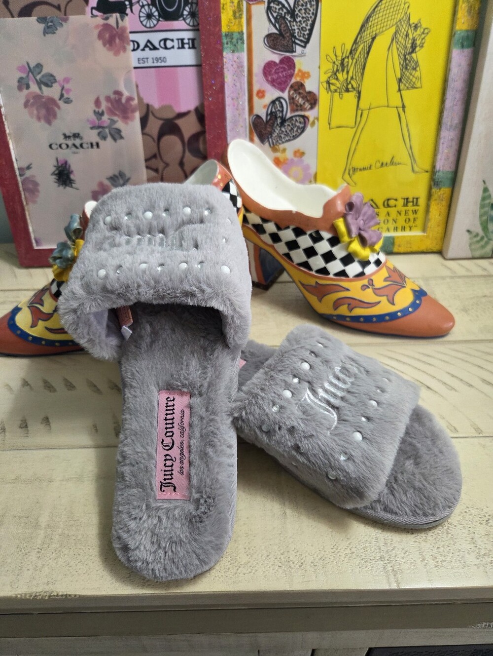 Juicy Couture Plush Gray Slide Slippers with Stud Detail, L-(8-9), EUC